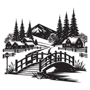 Kış Manzarası Köyü Siluet Vektörü Görüntü Köprüsü Sahnesi