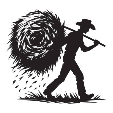 Siluet Çiftçisi Hay Bale İllüstrasyon Taşıma Tarım Vektörü Tasarımı