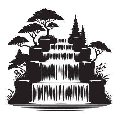 Siluet Şelale Vektör İllüstrasyon Ormanı Sahne Tasarımı