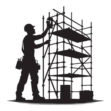 İnşaat işçisi silueti bina illüstrasyon vektöründe