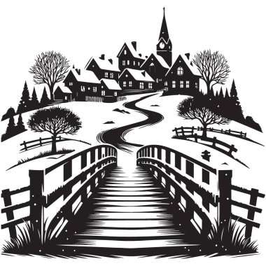 Kış köyü manzara silueti köprü illüstrasyon vektör resmi