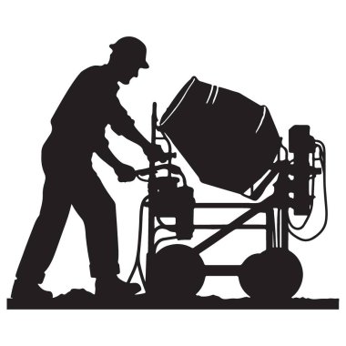 İnşaat İşçisi Silueti Çimento Karıştırıcı Çizimi Çalıştırıyor