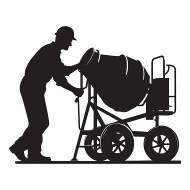 İnşaat İşçisinin Silueti Çimentoyu Makine Vektörü Grafiği ile Karıştırıyor