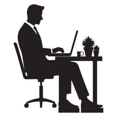 Ofis Çizim Vektöründe Dizüstü bilgisayarda çalışan İşadamı Silueti