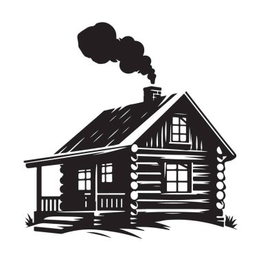 Kırsal kaçış çizelgesinde siluet kırsal ahşap kulübe