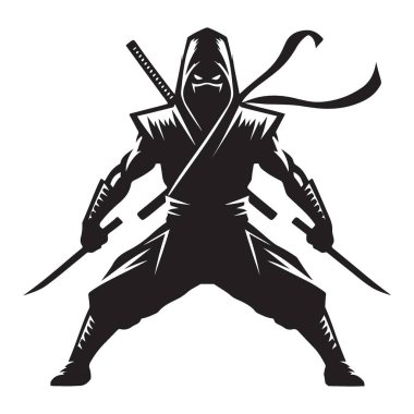 Siluet hayalet ninja suikastçi kılıçlarla harekete hazır
