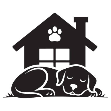 Barınakta uyuyan sevimli köpek. Siluet kurtarma hayvan sembolü.