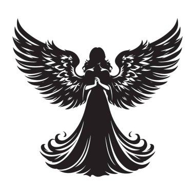 Ayrıntılı Kanat Tasarımı ile Dua Eden Melek Silueti Vektör ResmiComment