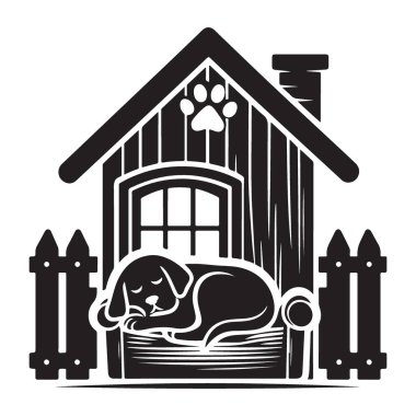 Uyuyan Köpek Köpek Kulübesinde Vektör Siluet Tasarım Sanat Resmi
