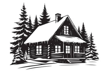 Kış Kulübesi Siluet Vektör Sanatı Çam Ağaçlarıyla çevrili