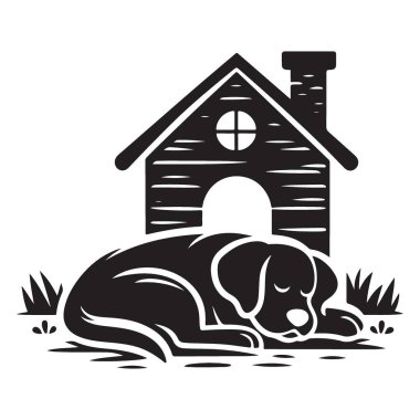 Siluet Vektörü İllüstrasyonunun Önünde Dinlenen Köpek