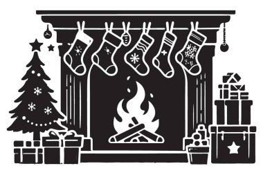 Çoraplar ve Ağaç Vektörü Sanatı ile Noel Şöminesi