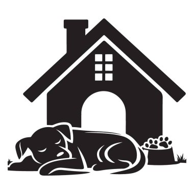 Siluet Köpek Köpek Köpek Kulübesinde Uyuyor Bowl ile Vektör İllüzyonu