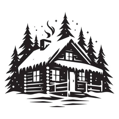 Yılbaşı sezonu için kar vektörü illüstrasyonunda siluet kış kulübesi