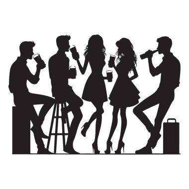 Bir grup arkadaş İçkinin keyfini çıkarıyor. Siluet Gelişigüzel toplanma