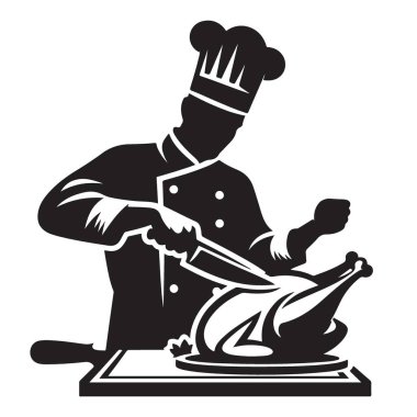 Şef Şükran Günü için hindiyi oyuyor. Silüet vektör çizimi.