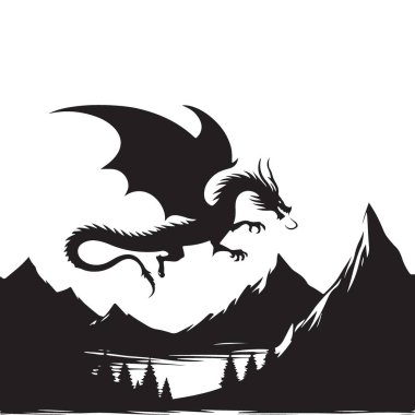 Uçan Ejderha Silueti Dağların Üzerinde ve Göl Çizimi Tasarımı