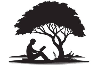 Siluet Adam Doğada Bir Ağacın Altında Kitap Okuyor