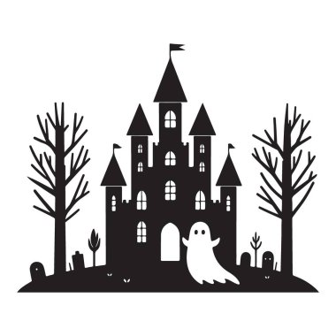 Hayalet ve Mezarlık Çizimleriyle Ürkütücü Cadılar Bayramı Şatosu Silueti