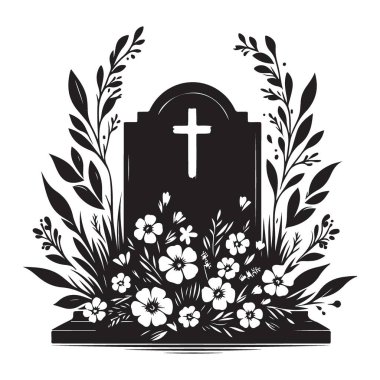 Anma töreni için çiçekli mezar taşının siluet vektörü