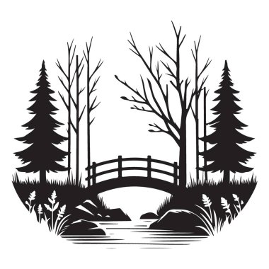 Manzaralı Köprü Ormanı Çizim Vektörü Siyah ve Beyaz Tasarım