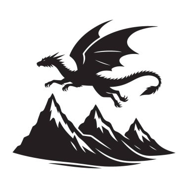 Siluet Ejderhası Dağların Üzerinde Uçuyor Vektör Çizim Tasarımı