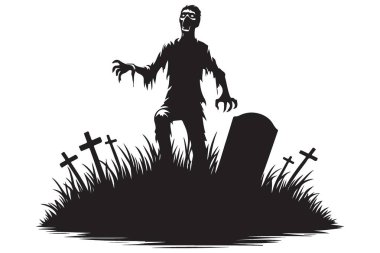 Grave Siluet Görüntü Vektör Tasarımı 'ndan çıkan Zombi