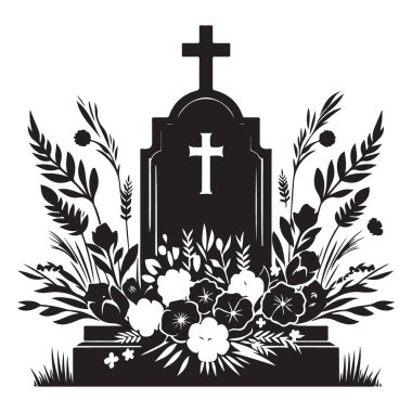 Gravstone Silueti ve Çiçekler Hatıra Vektörü İllüstrasyon Tasarımı