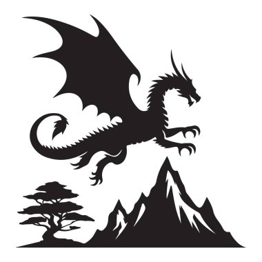 Ejderha Silueti Dağların Üzerinde Uçuyor Vektör Grafik Sanat Tasarımı