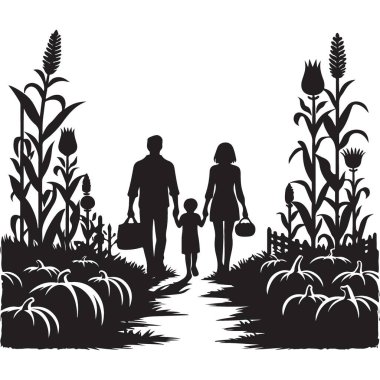 Aile Silueti Yürüyen Balkabağı Yaması Sonbahar Hasat Vektör Çizimi