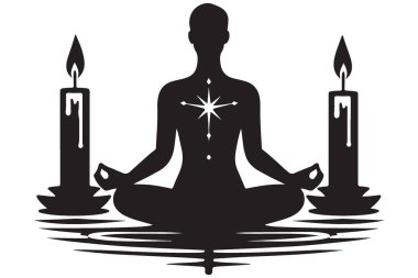 Rahatlamak için mum ışığında meditasyon yapan siluet vektör sanatı