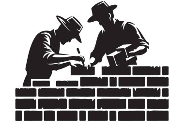 İnşaat işçileri tuğla duvar siluet vektör sanatı inşa ediyorlar