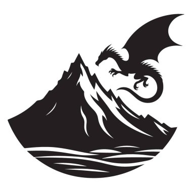 Dağ vektörü çizim sanatının üzerinde uçan ejderha silueti