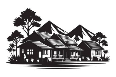 Dağ Manzaralı Geleneksel Ev Resimleri Basit Köy Sahne Sanatı