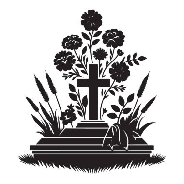 Çiçek Haçı Silüet Tasarımı ile Ayrıntılı Tombstone Vektör Sanatı