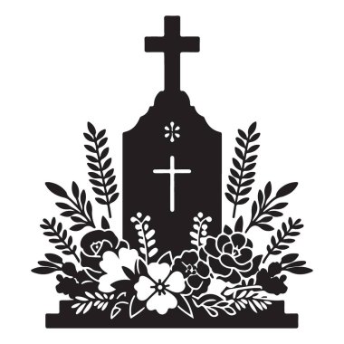 Çapraz ve Çiçekli Siluet Vektör Sanat Tasarımı ile Süsleme Tombstone