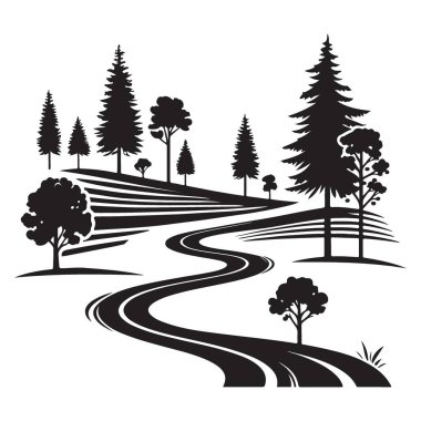 Ağaçlar ve kırsal vektör ile manzaralı dolambaçlı yol çizimi