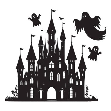 Hayalet vektör illüstrasyon tasarımı kavramına sahip lanetli kale silueti