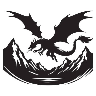 Görkemli Ejderha Dağların Üzerinden Uçuyor Siluet Çizim Sanatı