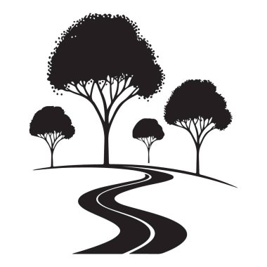 Afrika Savanası 'ndan Yol Ağaçları Siluet Vektörü Huzurlu Peyzaj