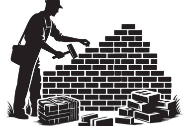 Siluet Duvarcı Tuğla Duvarı Vektör Sanat Tasarımı