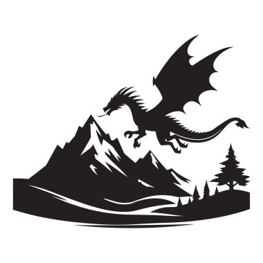 Muhteşem Ejderha Dağ Silueti 'nin üzerinde uçuyor Fantezi Aşıkları için Çizim