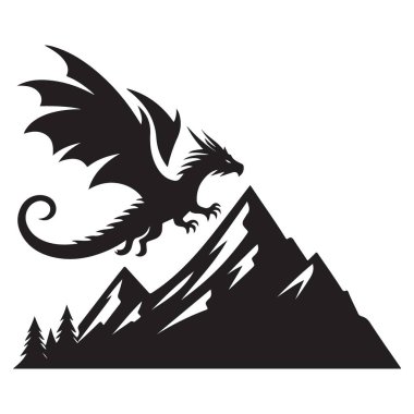 Görkemli Ejderha Silüeti Dağ Manzarası Vektör Sanatı 'nın üzerinde süzülüyor