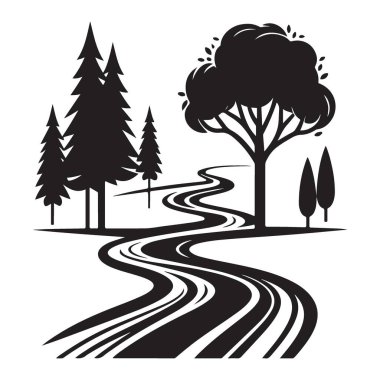 Ağaç siluetiyle Manzaralı Dağ Yolu Manzarası Vektör Sanatı