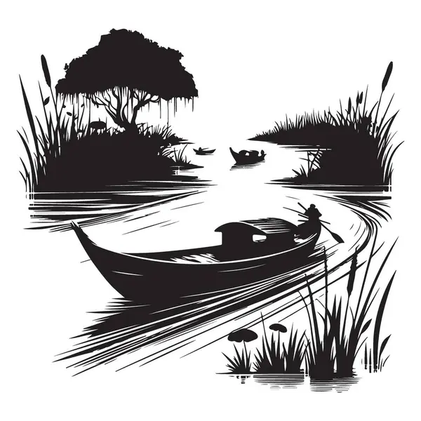 Geleneksel Siyah ve Beyaz Sanatlarla Siluet Serene Nehri Sahnesi