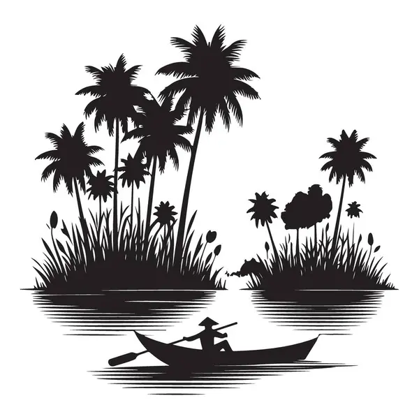 Siluet Asya Nehri Sahnesi Tekne ve Geleneksel Balıkçı