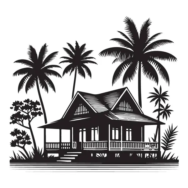 Palm Trees Vektör Resimli Tropikal Ev Yaşayan Ada