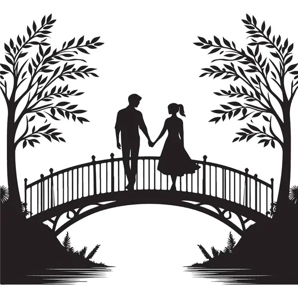 Romantik Çift Silueti Ağaçların Altında Köprüde Yürüyor