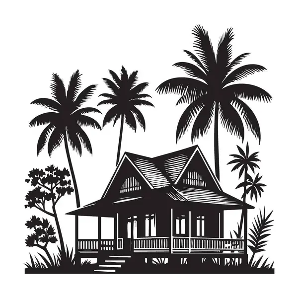 Tropik ev silueti vektör illüstrasyon cennet kaçış adası tasarımı