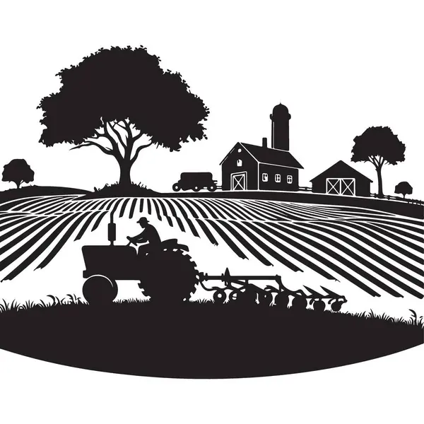 Traktör Siluet Vektör Resimlendirme Manzaralı Çiftlik Sahnesi
